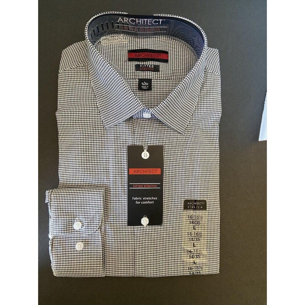 Architect Fitted Stretch long sleeve shirt black white gingham check men's L